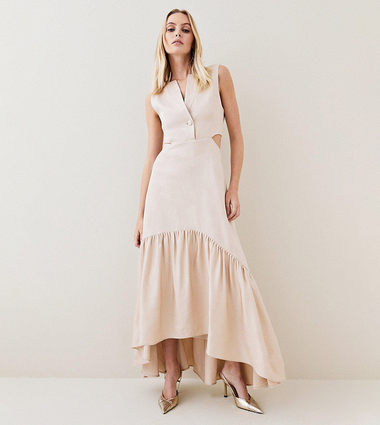 karen millen linen cut out maxi dress Buy Karen Millen Premium Polished Linen Cut Out Peplum Maxi Dress In Blush