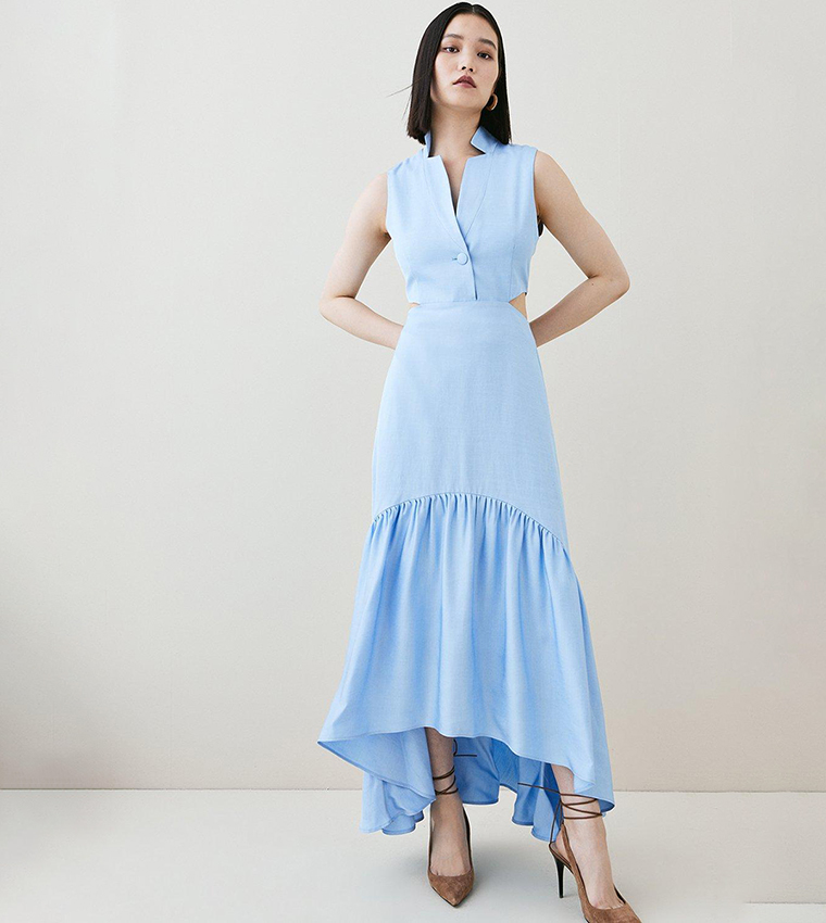 karen millen linen cut out maxi dress Buy Karen Millen Premium Polished Linen Cut Out Peplum Maxi Dress In Blue