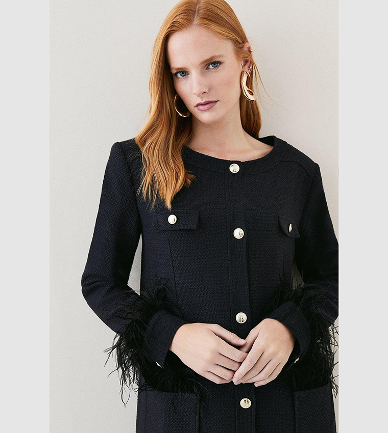 Buy Karen Millen Boucle Feather Trim Longline Coat In Black 6thStreet UAE