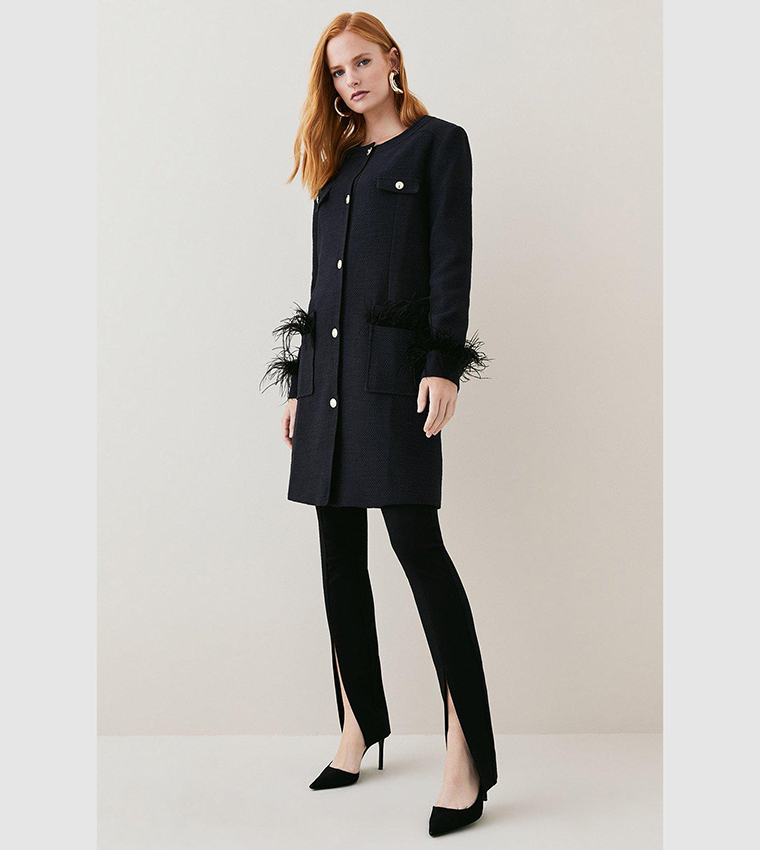 Buy Karen Millen Boucle Feather Trim Longline Coat In Black 6thStreet UAE