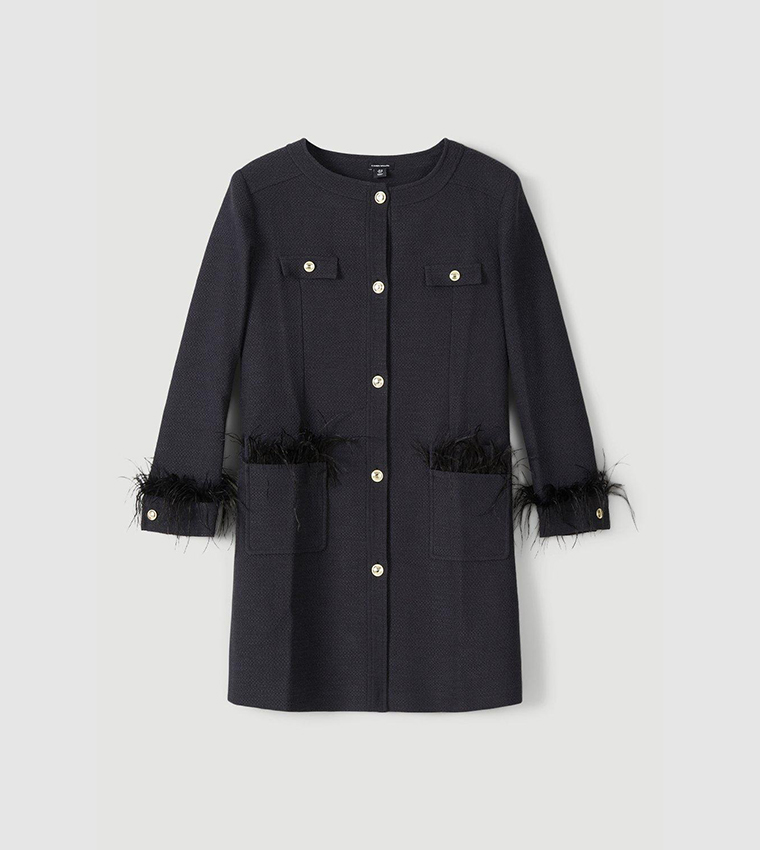 Buy Karen Millen Boucle Feather Trim Longline Coat In Black 6thStreet UAE