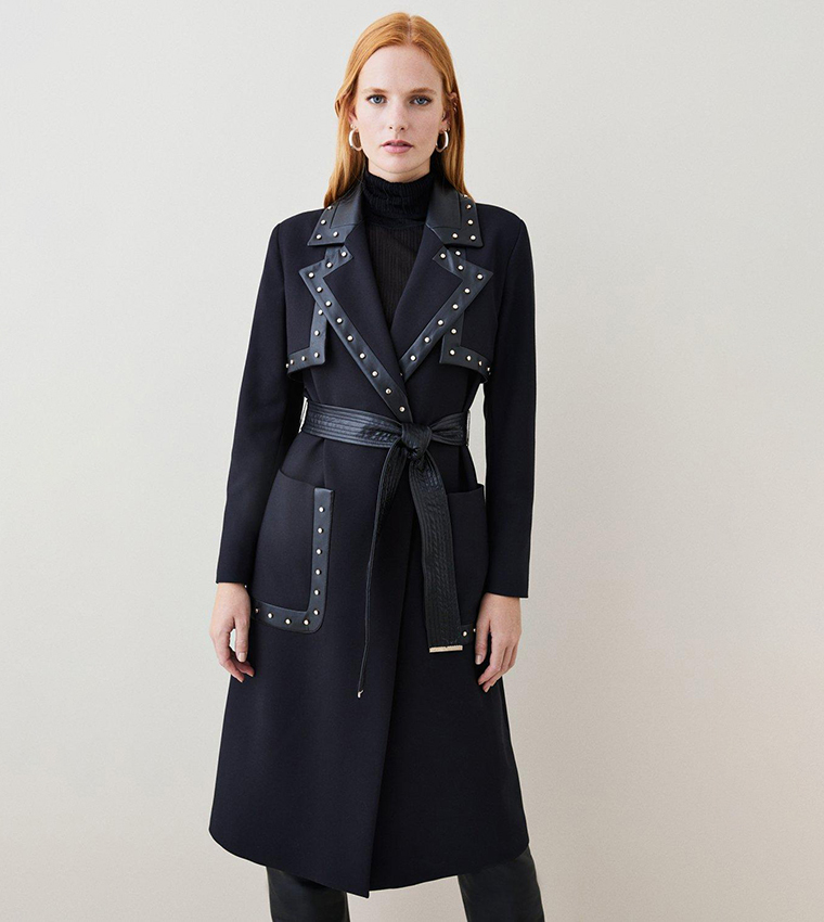Buy Karen Millen Compact Stretch Pu And Stud Trench Coat In Black