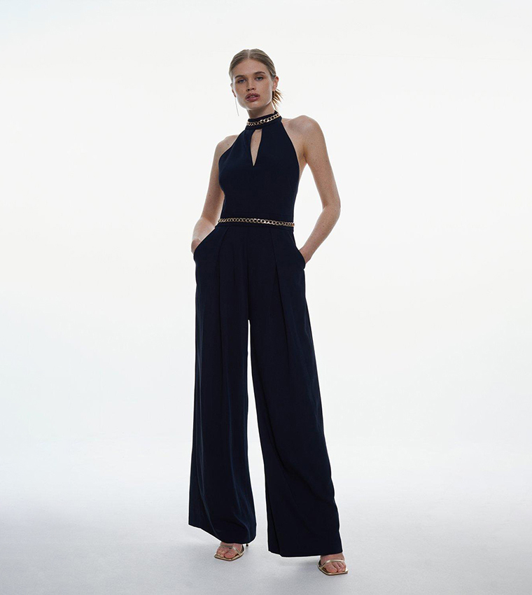 Buy Karen Millen Soft Tailored Chain Detail Halterneck Jumpsuit In Navy 6thStreet UAE