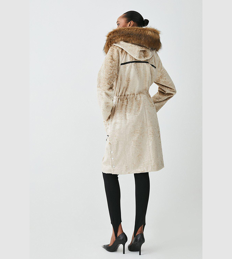 Buy Karen Millen Signature Faux Ponyskin Hooded Parka Jacket In Beige 6thStreet Oman