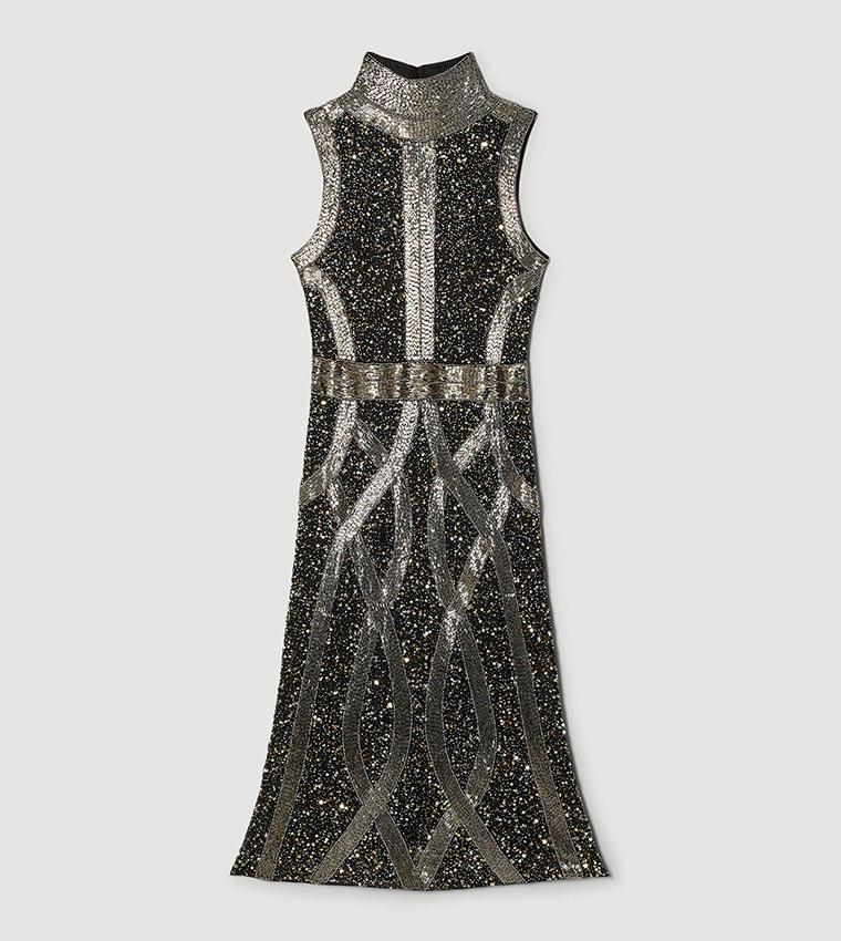 Buy Karen Millen Embellished Beaded High Neck Woven Midi Dress In Black |  6thstreet Kuwait