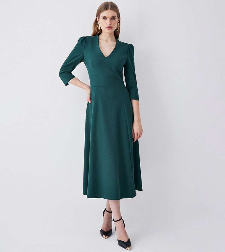 Buy Karen Millen Structured Crepe Full Skirted Midi Dress In Forest ...