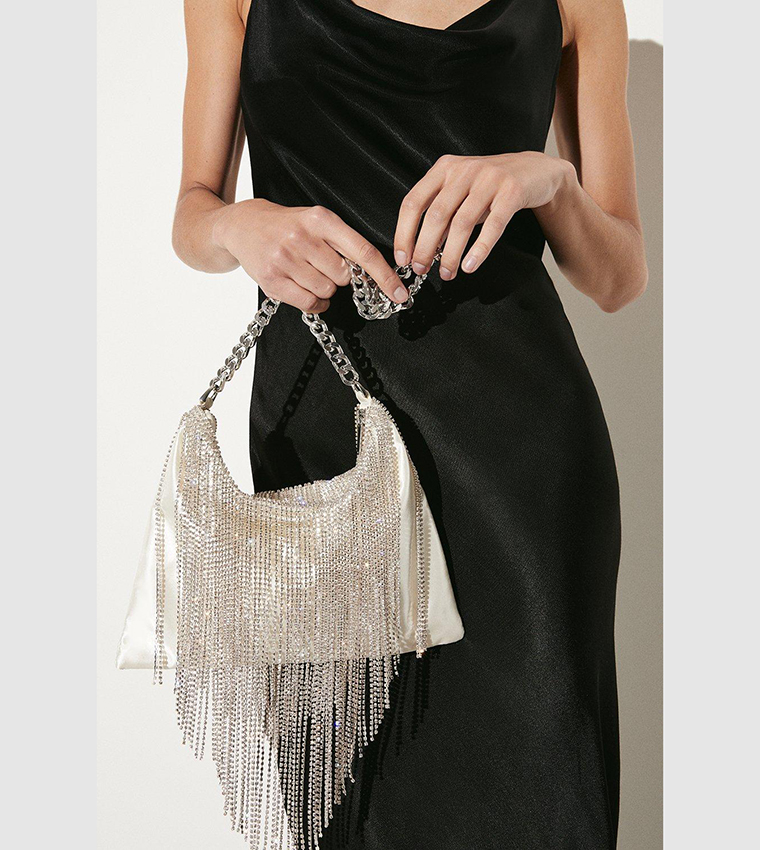 Buy Karen Millen Diamante Fringe Satin Shoulder Bag In White