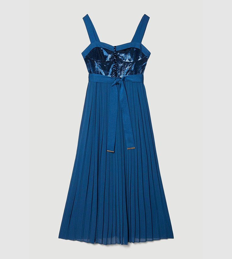 Buy Karen Millen Top Stitch Velvet Satin Pleated Woven Midi Dress In Blue 6thStreet UAE