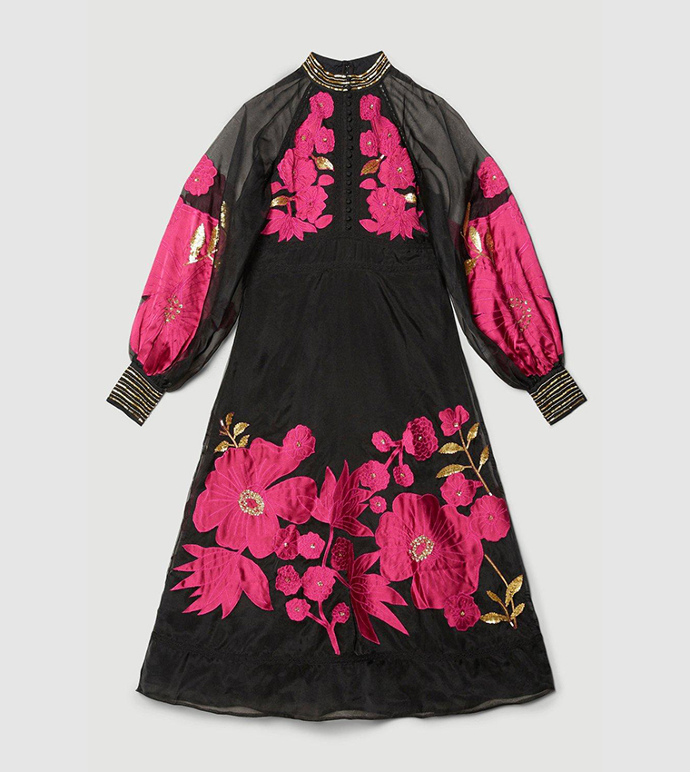 chinese dress ladies Applique Organdie Buttoned Woven Maxi Dress