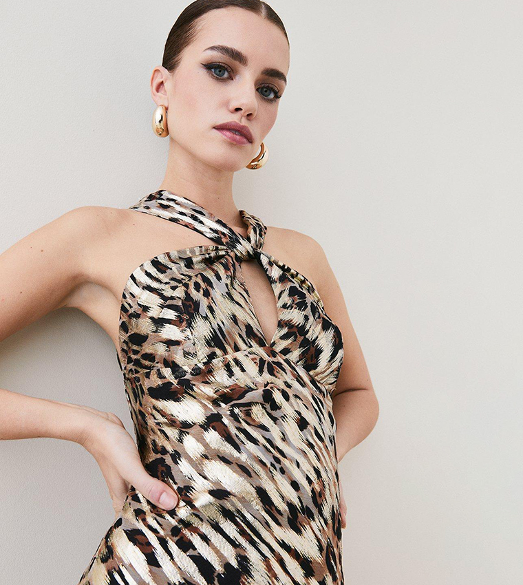 Buy Karen Millen Petite Leopard Printed Halter Column Midi Dress