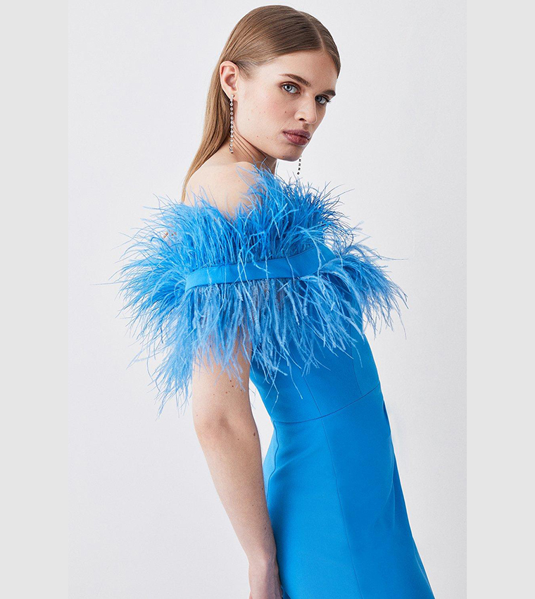 Buy Karen Millen Feather Bardot Stretch Crepe Maxi Dress In Blue