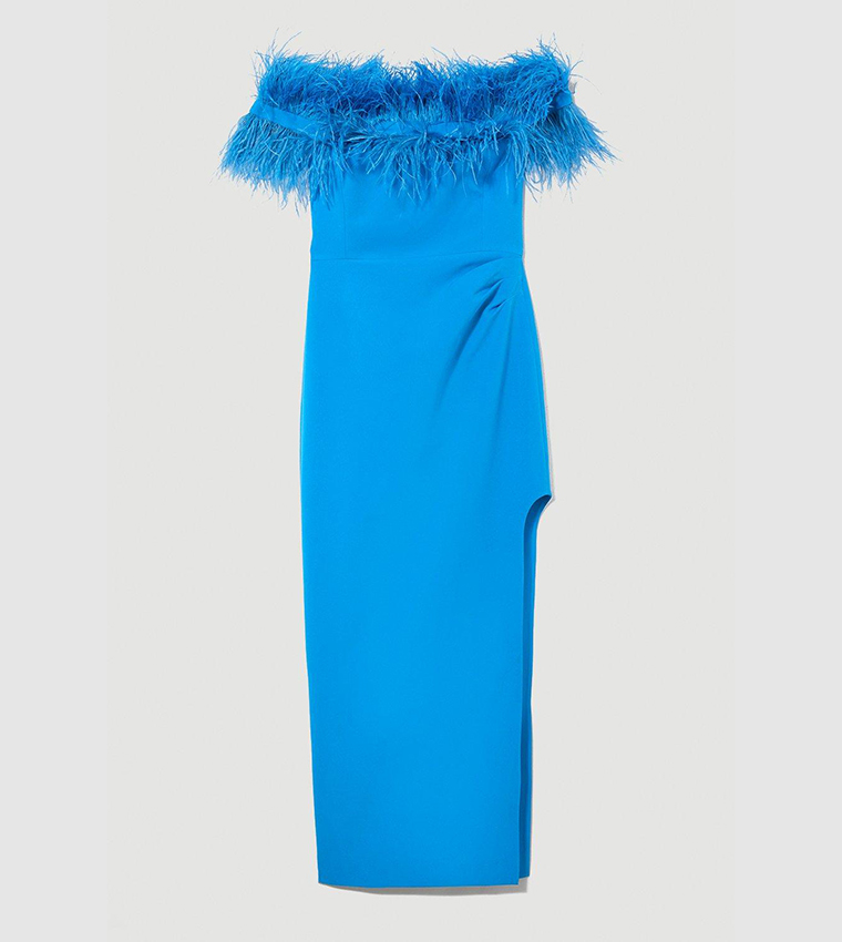 Buy Karen Millen Feather Bardot Stretch Crepe Maxi Dress In Blue