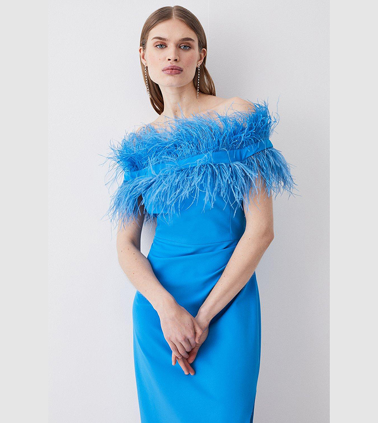 Buy Karen Millen Feather Bardot Stretch Crepe Maxi Dress In Blue