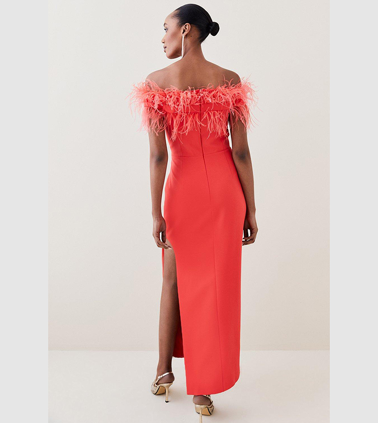 Buy Karen Millen Feather Bardot Stretch Crepe Maxi Dress In Red