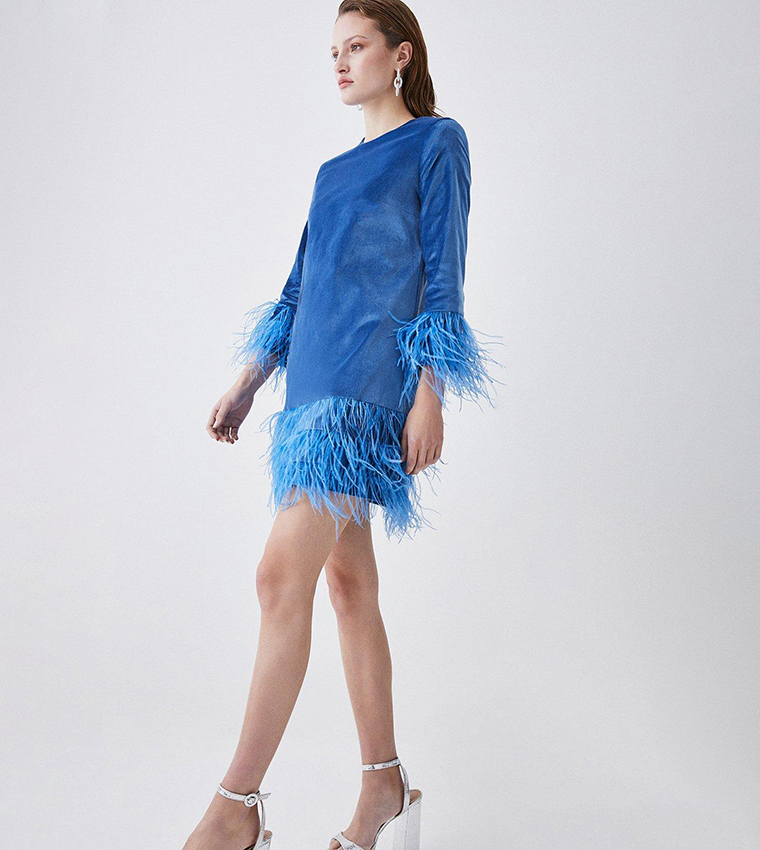 Buy Karen Millen Velvet & Feather Sleeved Mini Dress In AQUA | 6thstreet UAE