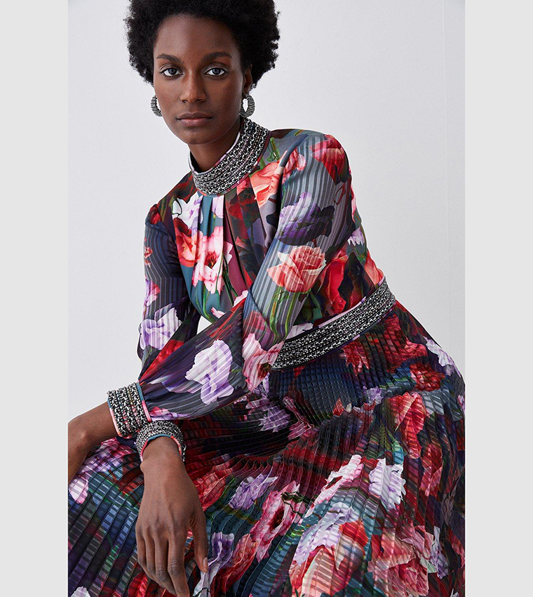 Buy Karen Millen Diamante Trim Floral Woven Maxi Dress In