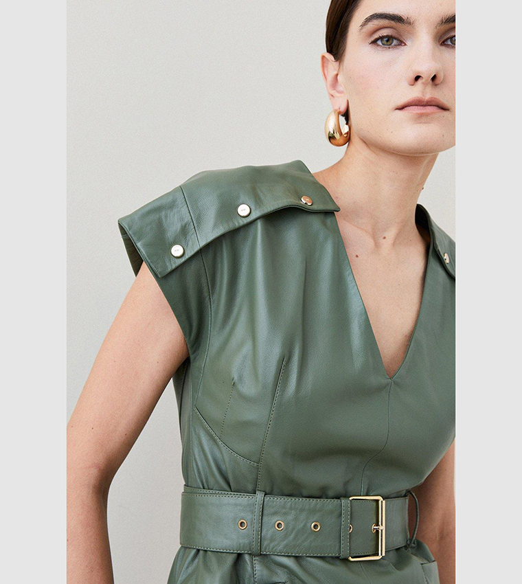 Buy Karen Millen Leather Button Detail Shoulder Belted Midi Pencil Dress In  Khaki | 6thstreet Saudi Arabia