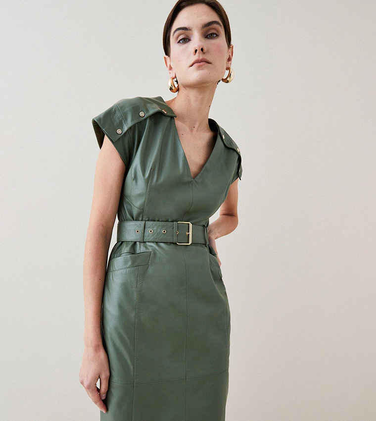 Buy Karen Millen Leather Button Detail Shoulder Belted Midi Pencil Dress In Khaki | 6thstreet Saudi Arabia Buy Karen Millen Leather Button Detail Shoulder Belted Midi Pencil Dress In Khaki | 6thstreet Saudi Arabia