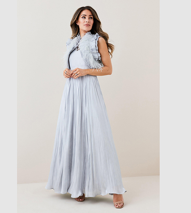 Buy Karen Millen Metallic Feather Ruffle Woven Maxi Dress In METALLIC