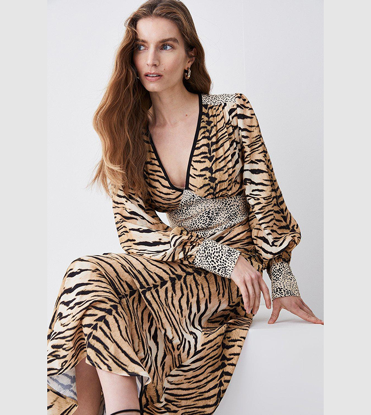 Buy Karen Millen Animal Mixed Print Plunge Neck Woven Midi Dress In ANIMAL 6thStreet Oman