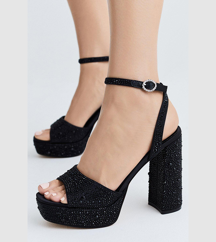Buy Karen Millen Heatseal Detail Diamante Platform Sandals In Black ...