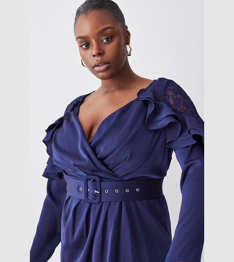 Buy Karen Millen Satin And Lace Ruffle Woven Midi Dress In Blue 6thStreet Bahrain