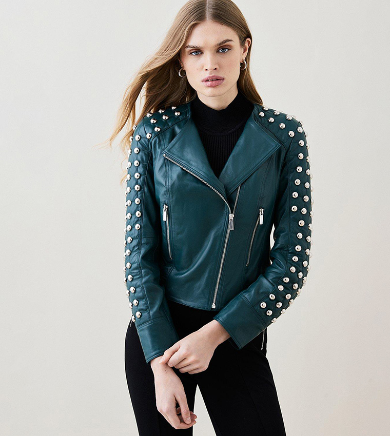 Buy Karen Millen Leather Dome Stud & Quilted Detail Biker Jacket