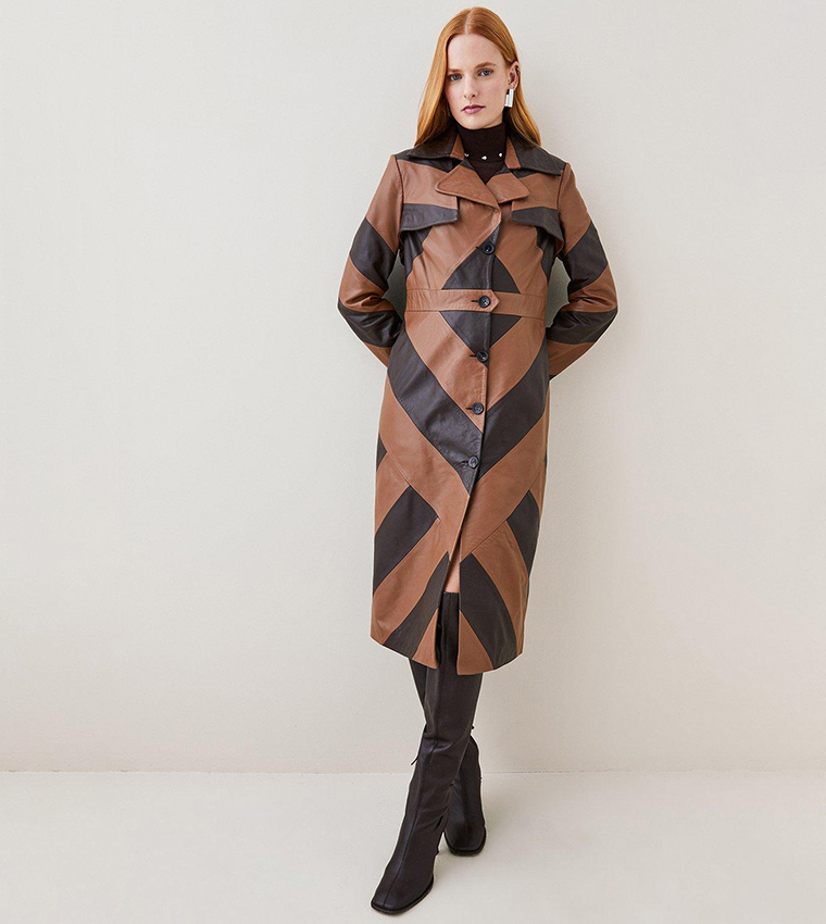 Buy Karen Millen Leather Color Block Statement Trench Coat In