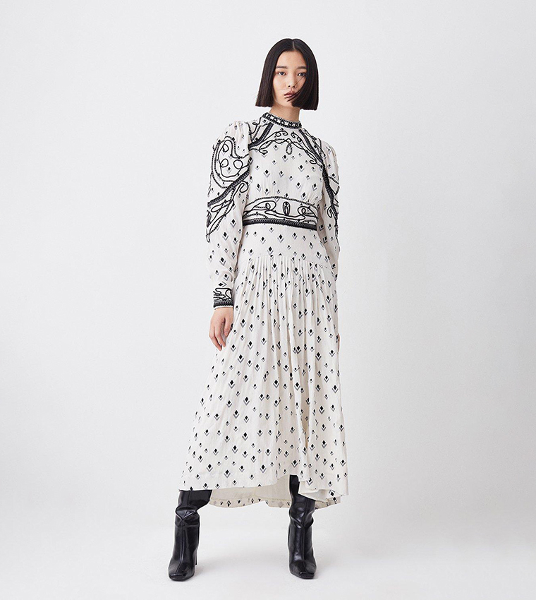Buy Karen Millen Embroidered Cornelli Tape Woven Dress In Ivory
