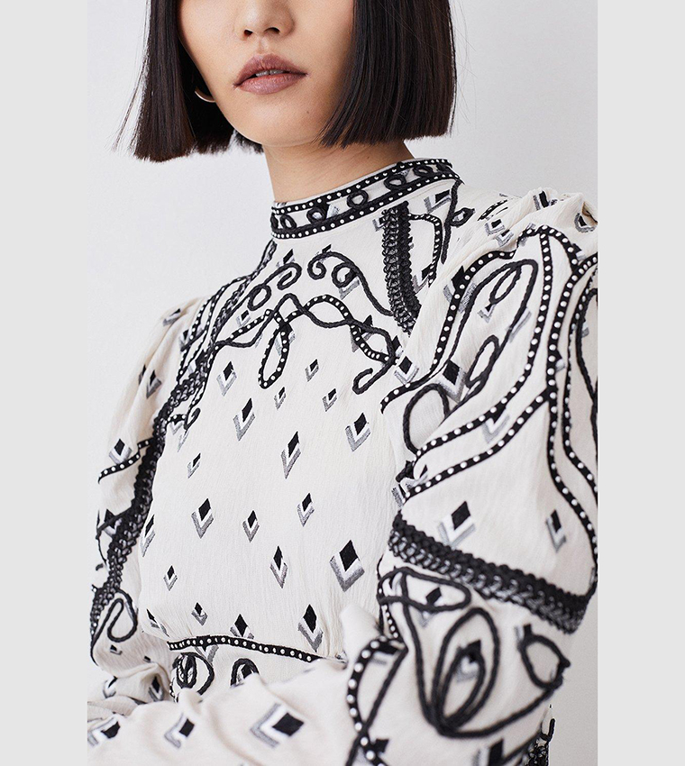 Buy Karen Millen Embroidered Cornelli Tape Woven Dress In Ivory | 6thstreet  Kuwait