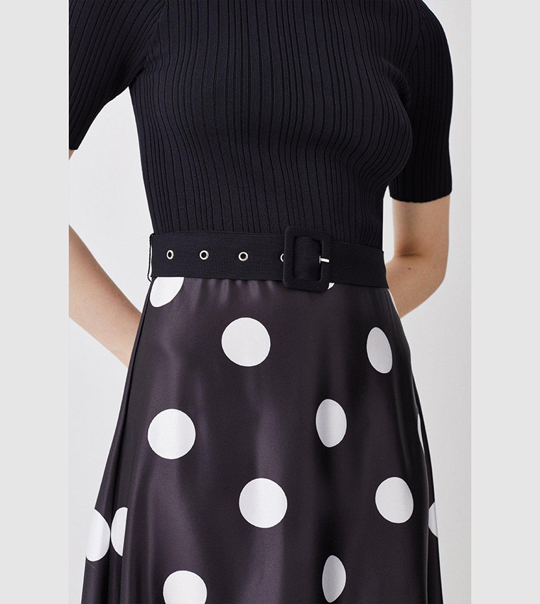 Buy Karen Millen Polka Dot Printed Satin Skirt Half Sleeve Rib Knit Midi Dress In Black ...