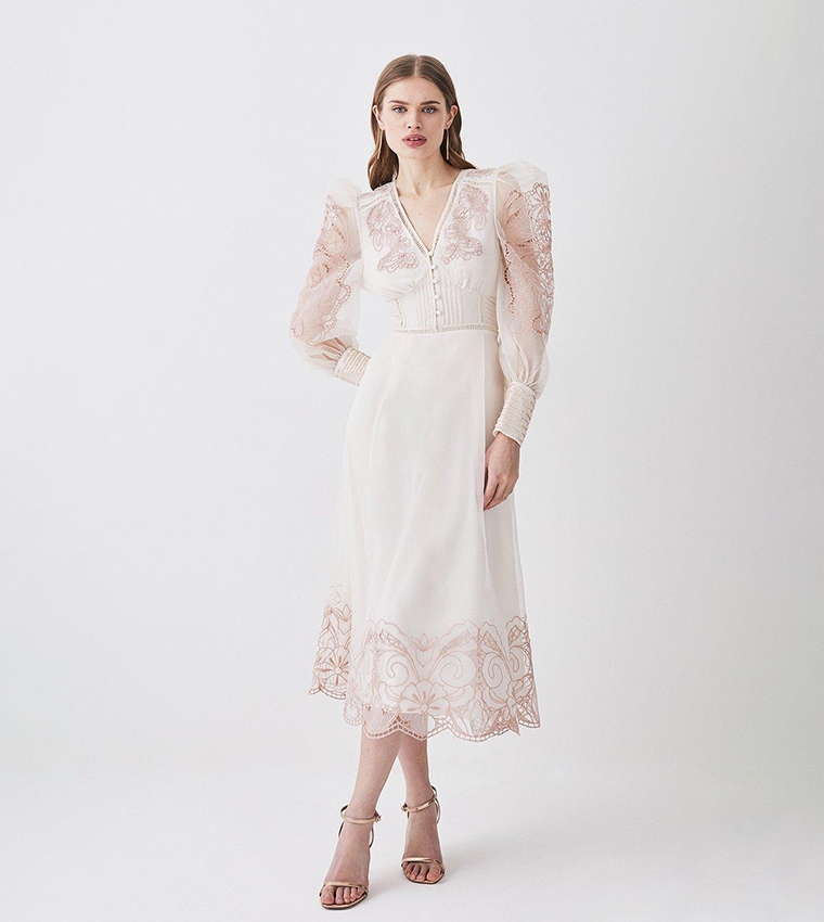 Buy Karen Millen Cutwork Organdie Buttoned Woven Midi Dress In Blush ...