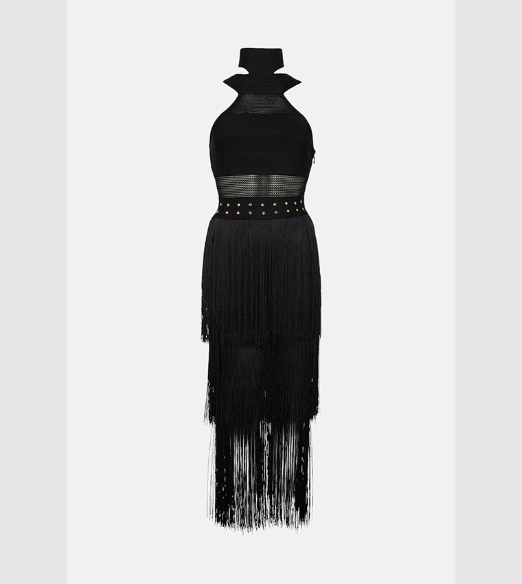 Buy Karen Millen Studded Fringe Mesh Insert Halterneck Bandage Midi Dress In Black | 6thstreet Oman Buy Karen Millen Studded Fringe Mesh Insert Halterneck Bandage Midi Dress In Black | 6thstreet Oman