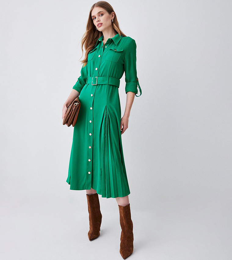 soft tailored pleat panel midi shirt dress Ivory KarenMillen Soft Tailored Pleat Panel Midi Shirt Dress