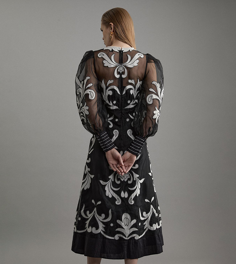 applique organdie buttoned woven maxi dress karen millen Applique Organdie Buttoned Woven Maxi Dress US 2