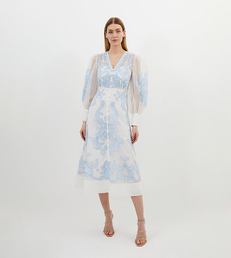 Applique Organdie Buttoned Woven Maxi Dress