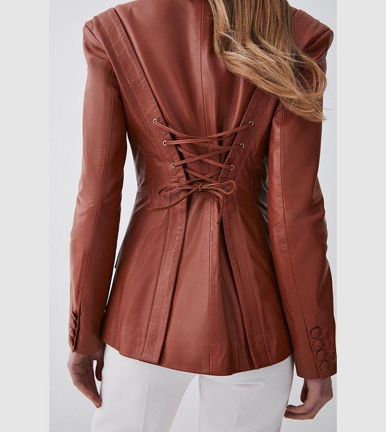 Buy Karen Millen Leather Corset Waist Back Tailored Blazer Jacket In Tan