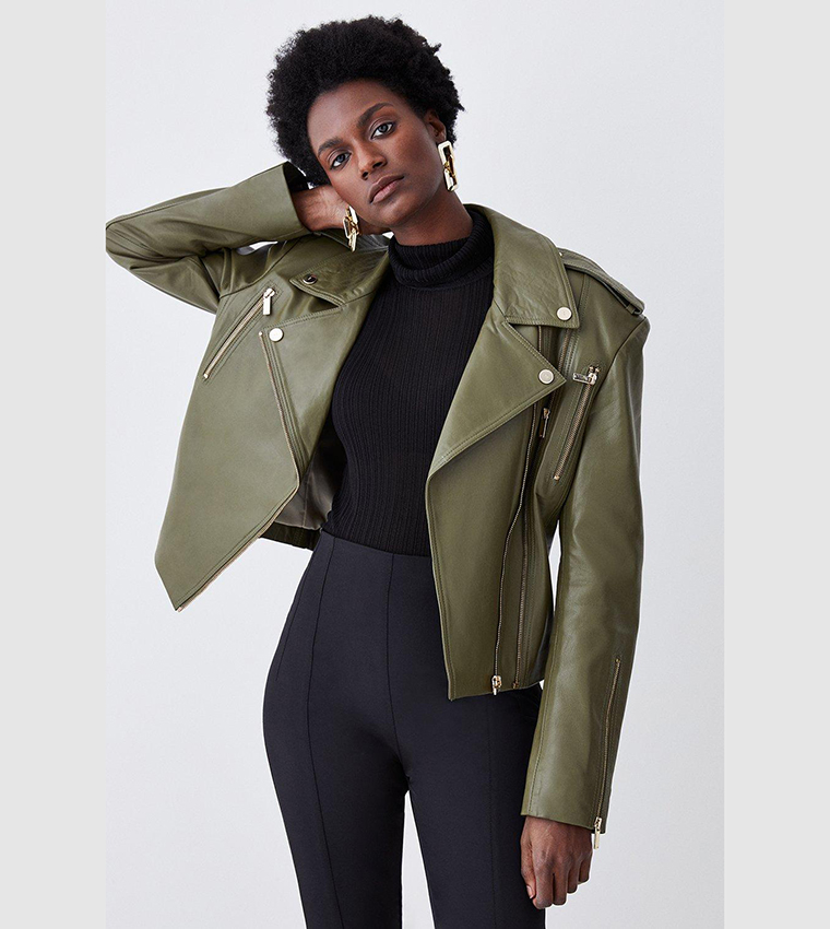 Buy Karen Millen Leather Strong Shoulder Biker Jacket In Green 6thStreet Bahrain