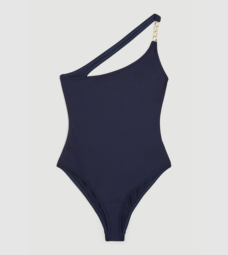 Buy Karen Millen One Shoulder Chain Strap Cut Out Swimsuit In Navy