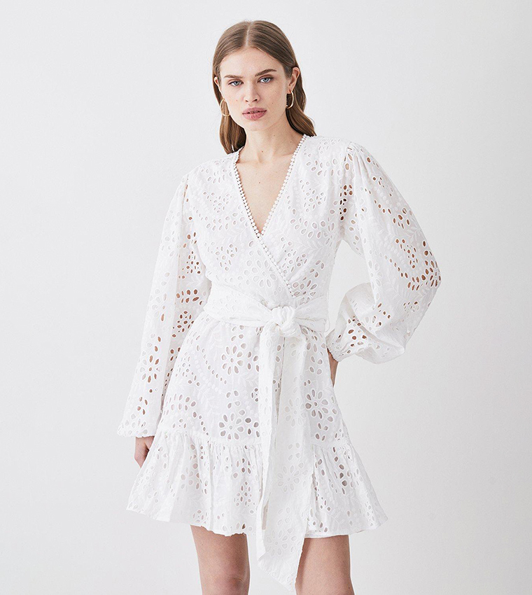 karen millen cotton broderie dress White Cotton Broderie Strappy Halter Neck Woven Maxi Dress