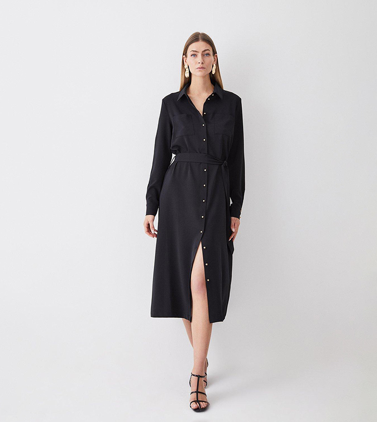 karen millen black shirt dress Karen Millen Techno Cotton Woven Shorts Shirt Dress With Gold Clasp in Black