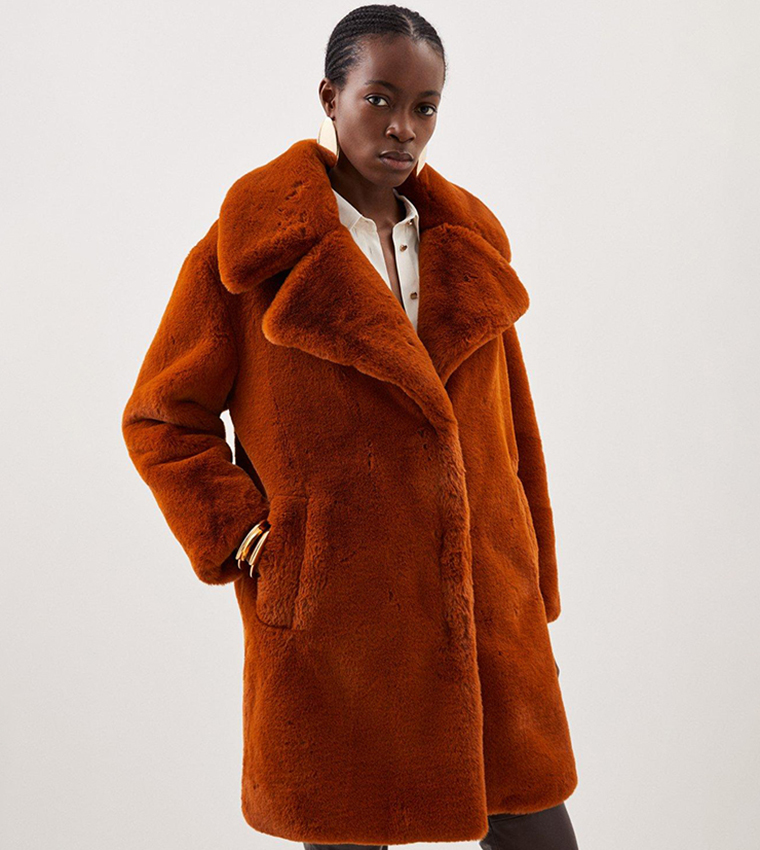 Buy Karen Millen Faux Fur Cocoon Short Coat In Dark Tan