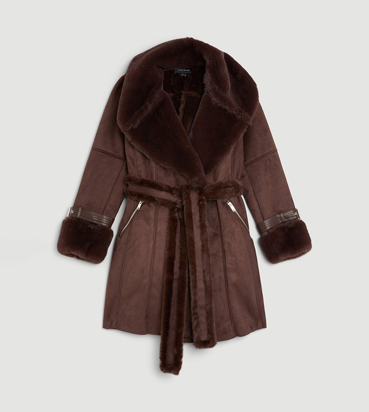 Faux Shearling Collar & Cuff Belted Short Coat