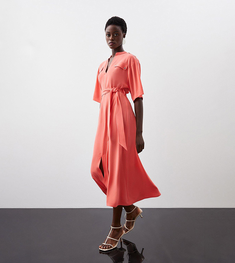 Buy Karen Millen Premium Lightweight Fluid Crepe Utility Belted Midi Dress In Coral 6thStreet Bahrain