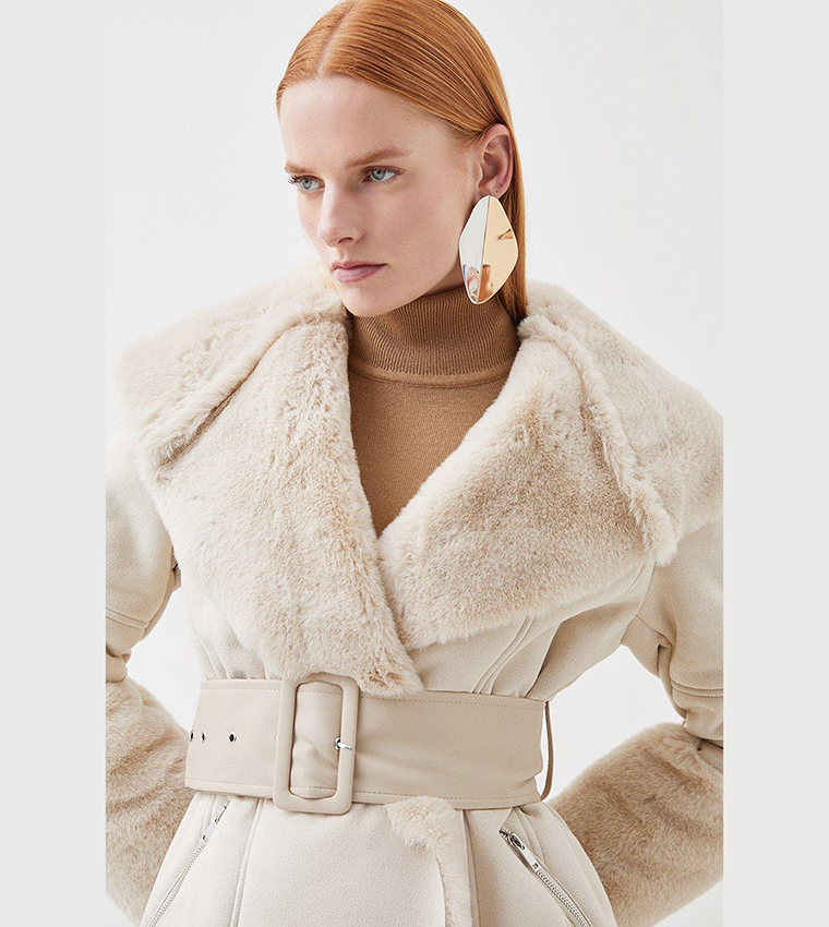 buy-karen-millen-mock-shearling-collar-cuff-belted-long-coat-in-ivory