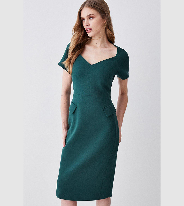 Buy Karen Millen Structured Crepe Square Neck Midi Dress In Forest ...