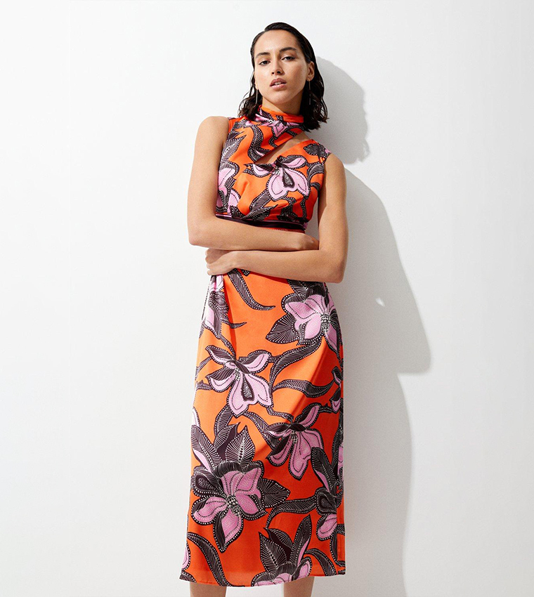 Buy Karen Millen Batik Floral Hammered Satin Column Midi Dress In Orange 6thStreet Bahrain