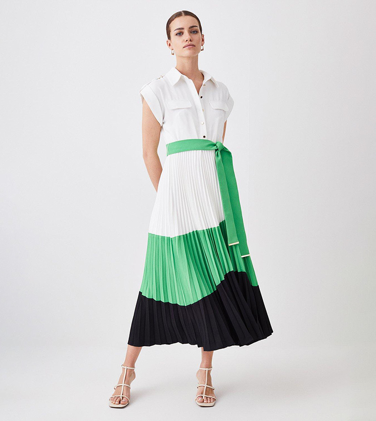 Buy Karen Millen Color Block Pleated Woven Midi Shirt Dress