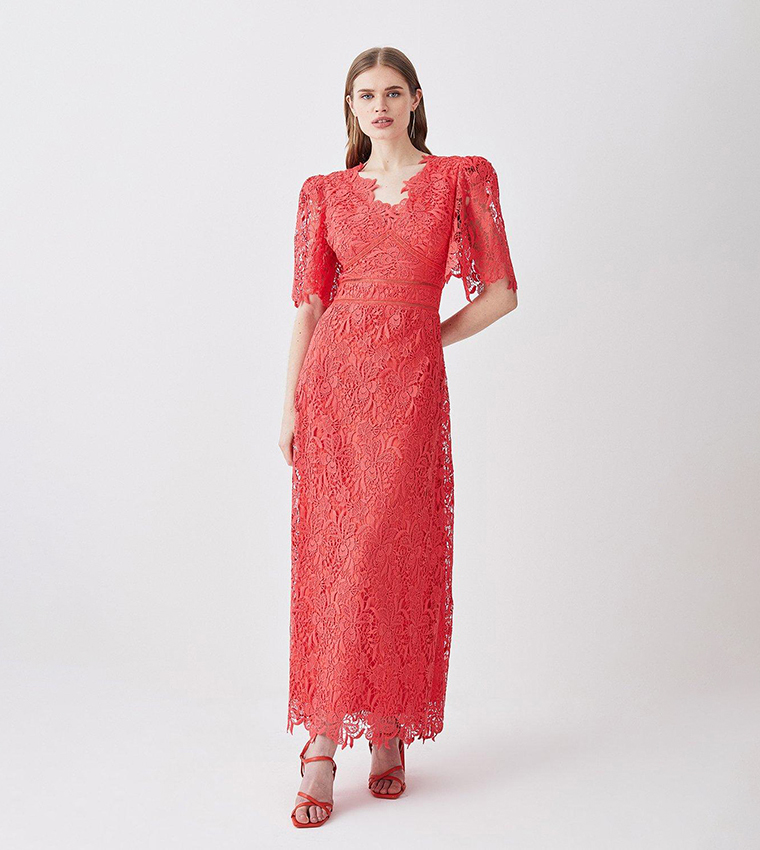 Buy Karen Millen Guipure Lace Flute Sleeved Woven Maxi Dress In Coral 6thStreet Bahrain