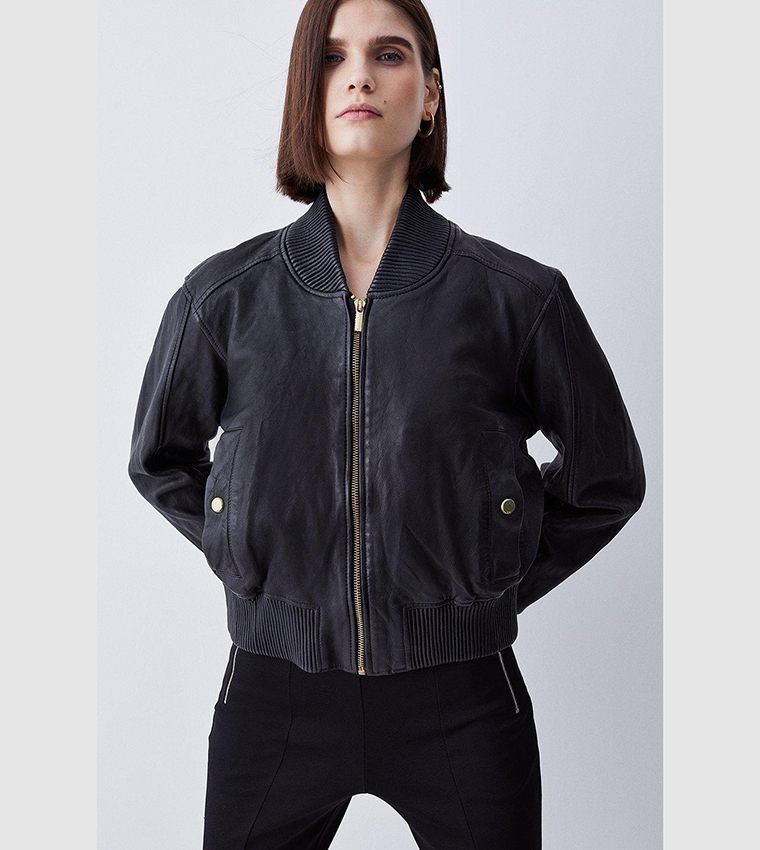 Buy Karen Millen Washed Leather Zip Back Bomber Jacket In Black